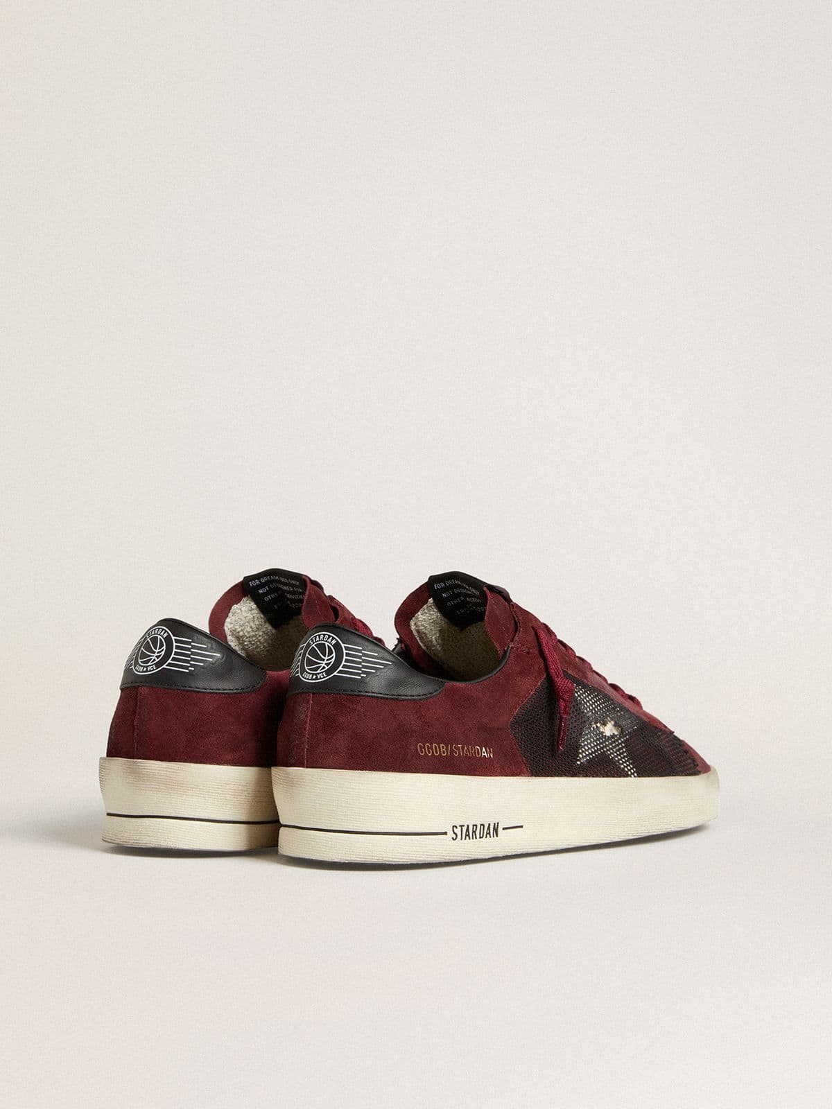 Golden Goose Mens Stardan In Black Mesh And Burgundy Suede With White Leather Star Mens