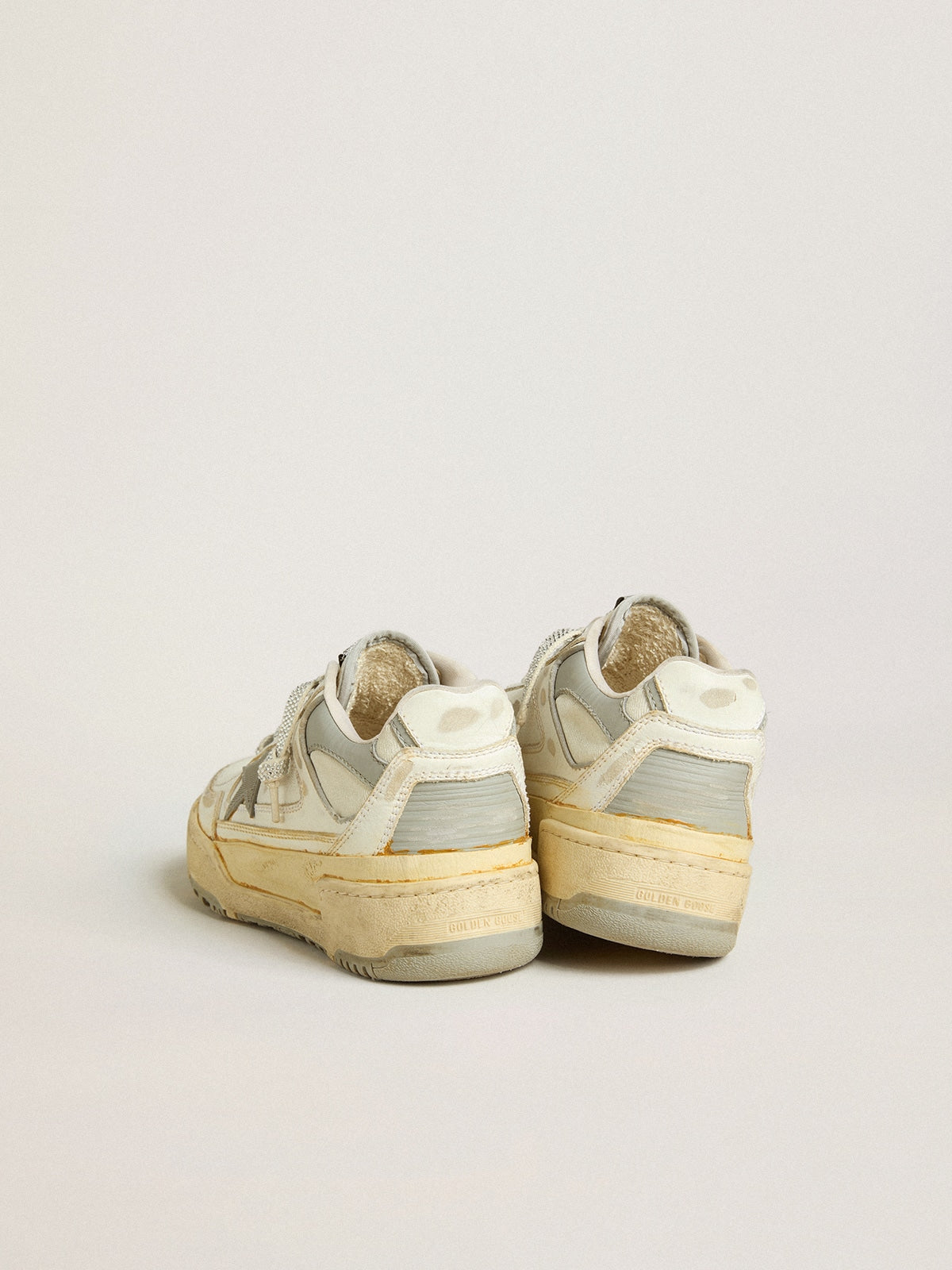 Golden Goose Mens Forty2 In White Leather With Laces With Swarovski Crystals And Gray Tpu Star Mens