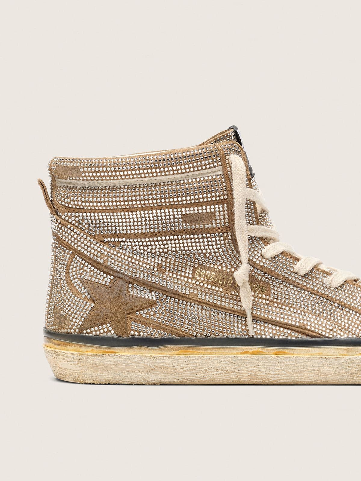 Golden Goose Mens Slide Lab Sneakers In Tobacco-Colored Suede With Crystals And Tobacco-Colored Suede Star Mens