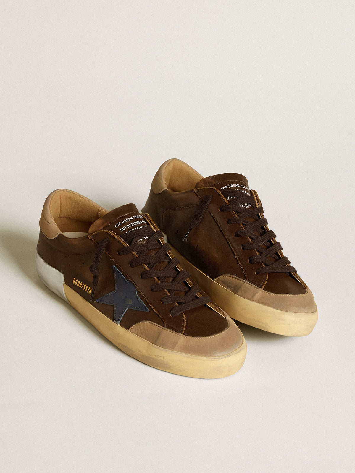 Golden Goose Mens Super-Star In Leather With Blue Leather Star And Beige Nubuck Heel Tab Mens