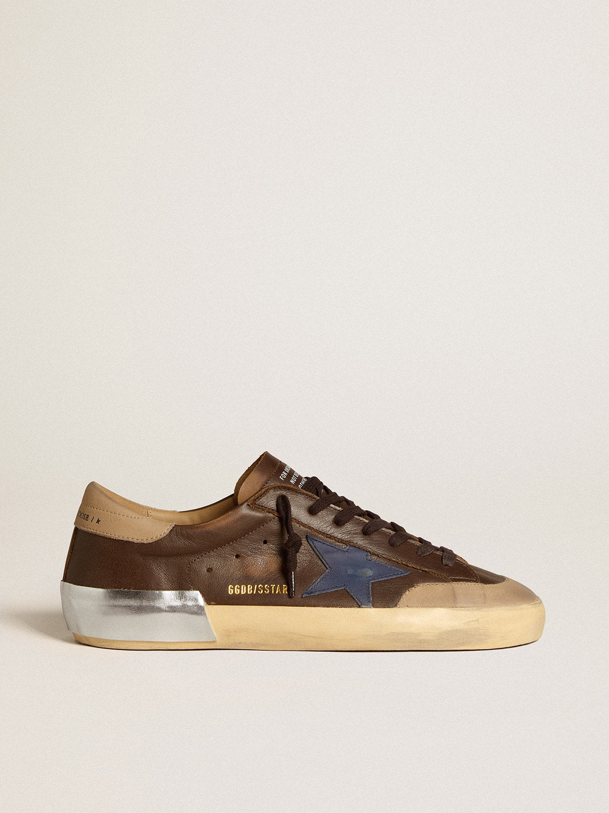 Golden Goose Mens Super-Star In Leather With Blue Leather Star And Beige Nubuck Heel Tab Mens