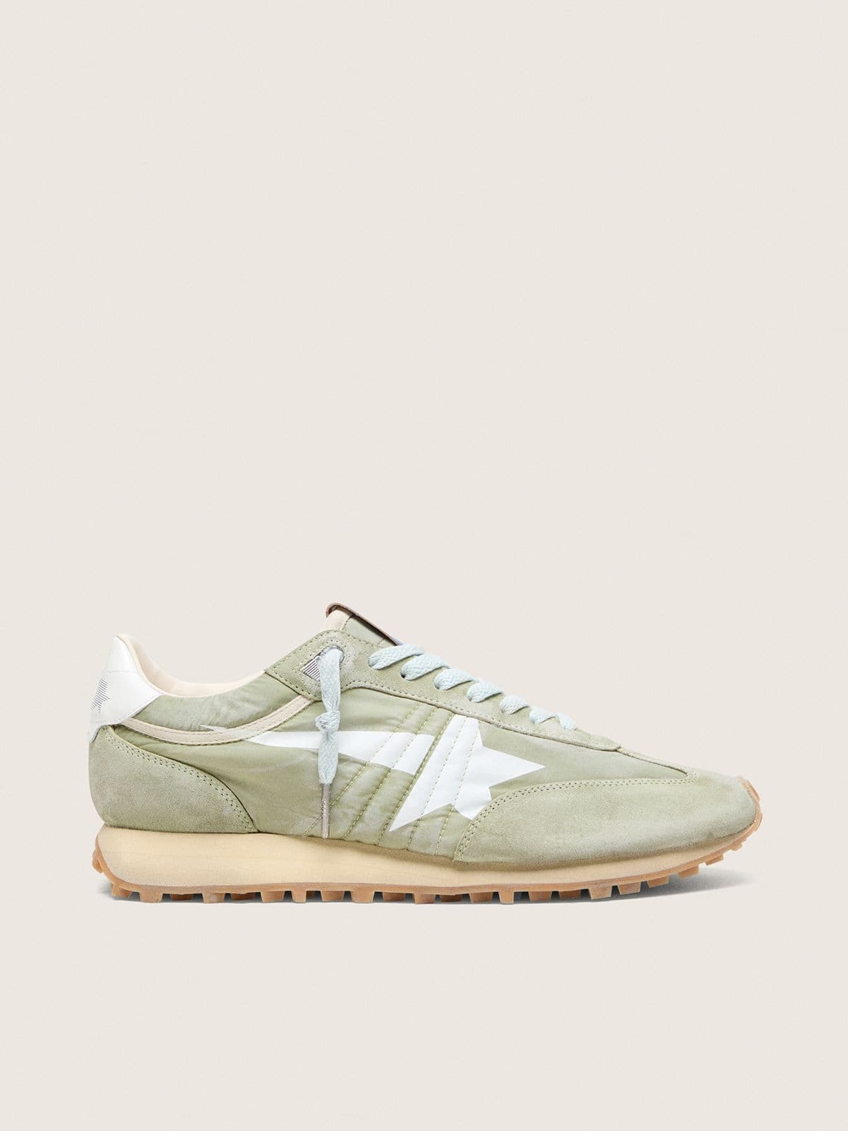 Golden Goose Mens Marathon In Sage-Green Nylon With White Star Mens