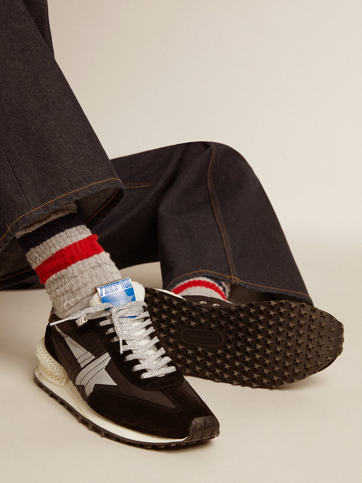 Golden Goose Mens Marathon With Black Ripstop Nylon Upper And Silver Star Mens