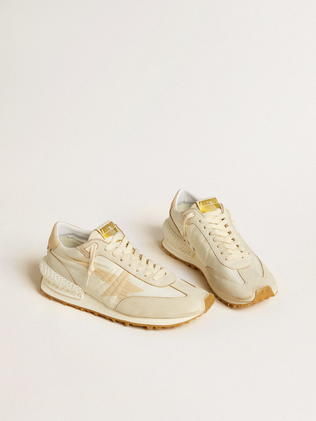 Golden Goose Mens Marathon In Beige Nylon And Gray Leather With Beige Printed Star Mens