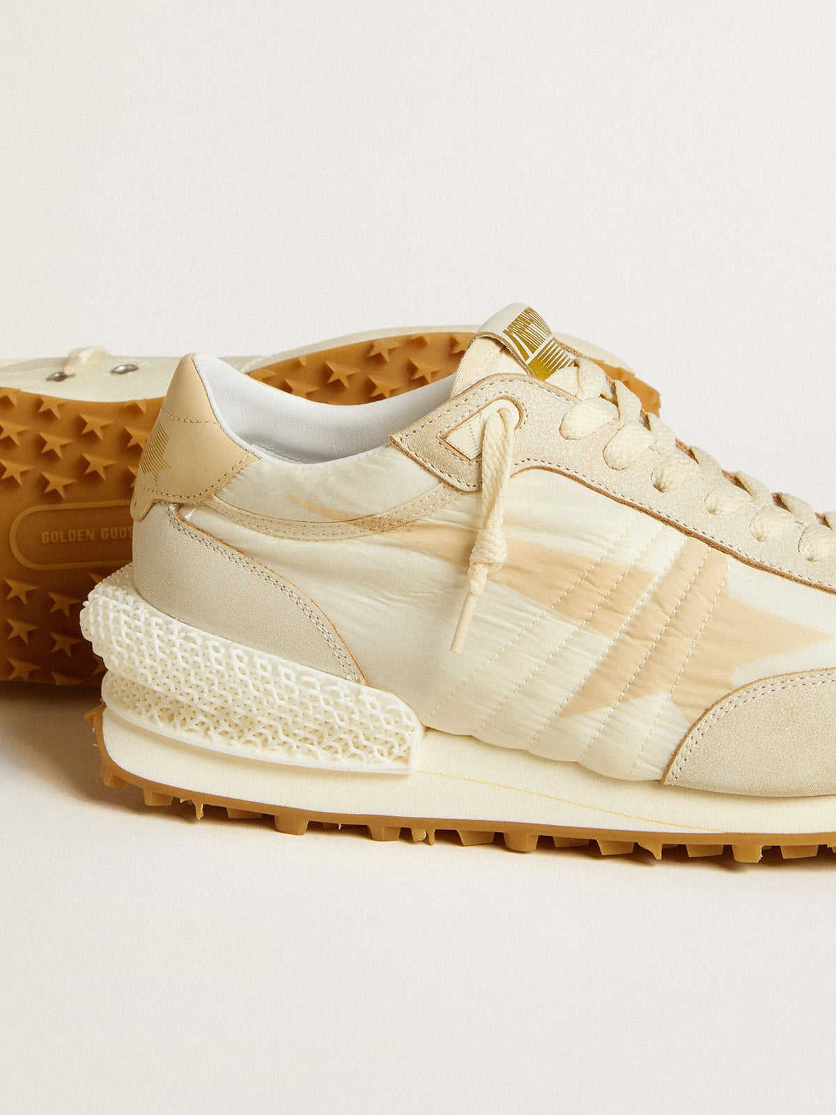 Golden Goose Mens Marathon In Beige Nylon And Gray Leather With Beige Printed Star Mens