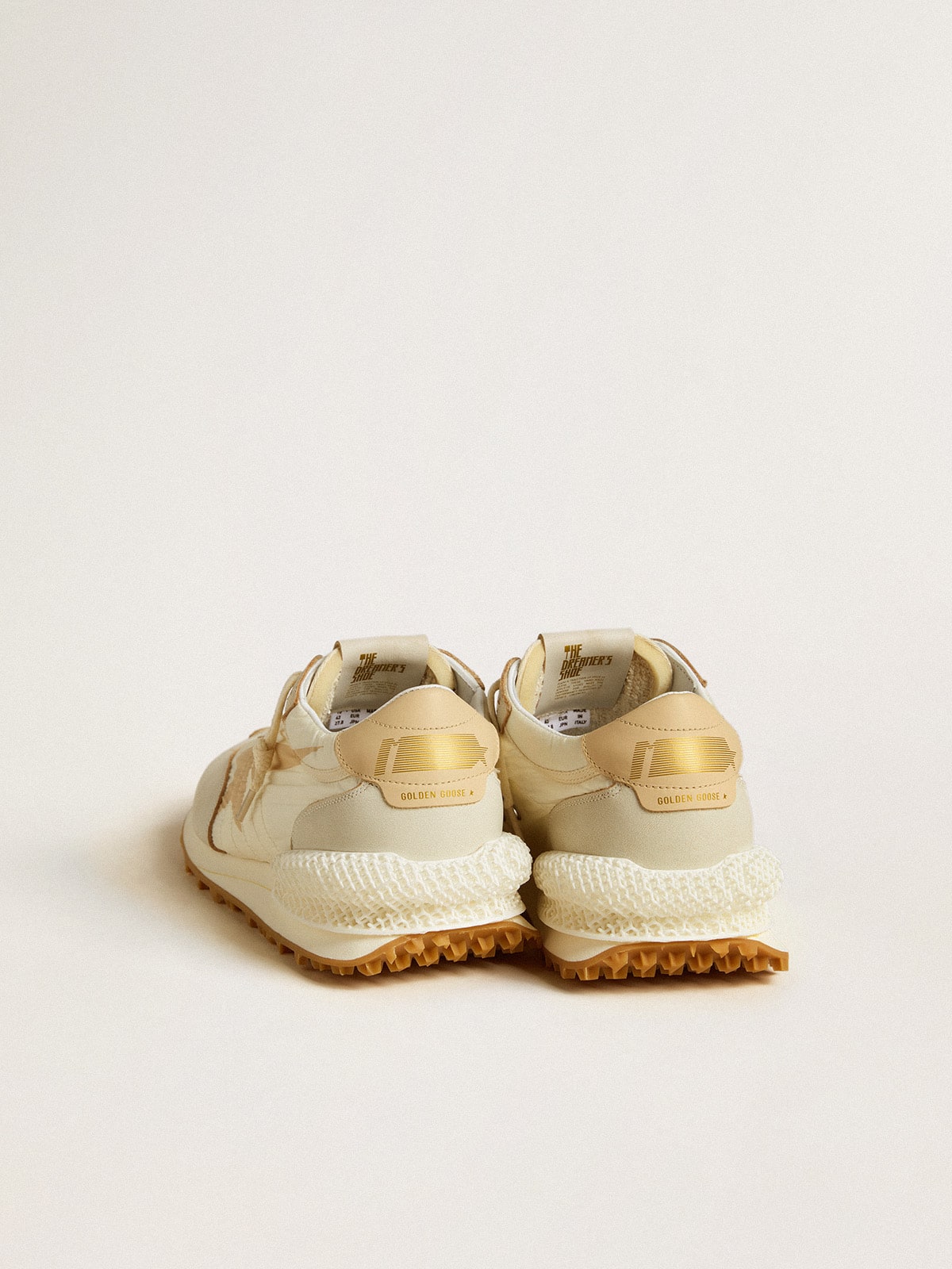 Golden Goose Mens Marathon In Beige Nylon And Gray Leather With Beige Printed Star Mens