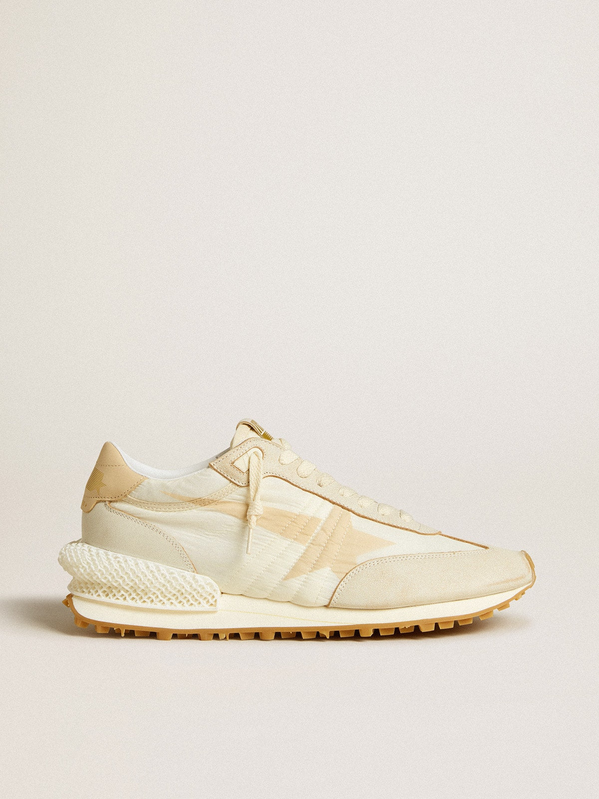 Golden Goose Mens Marathon In Beige Nylon And Gray Leather With Beige Printed Star Mens