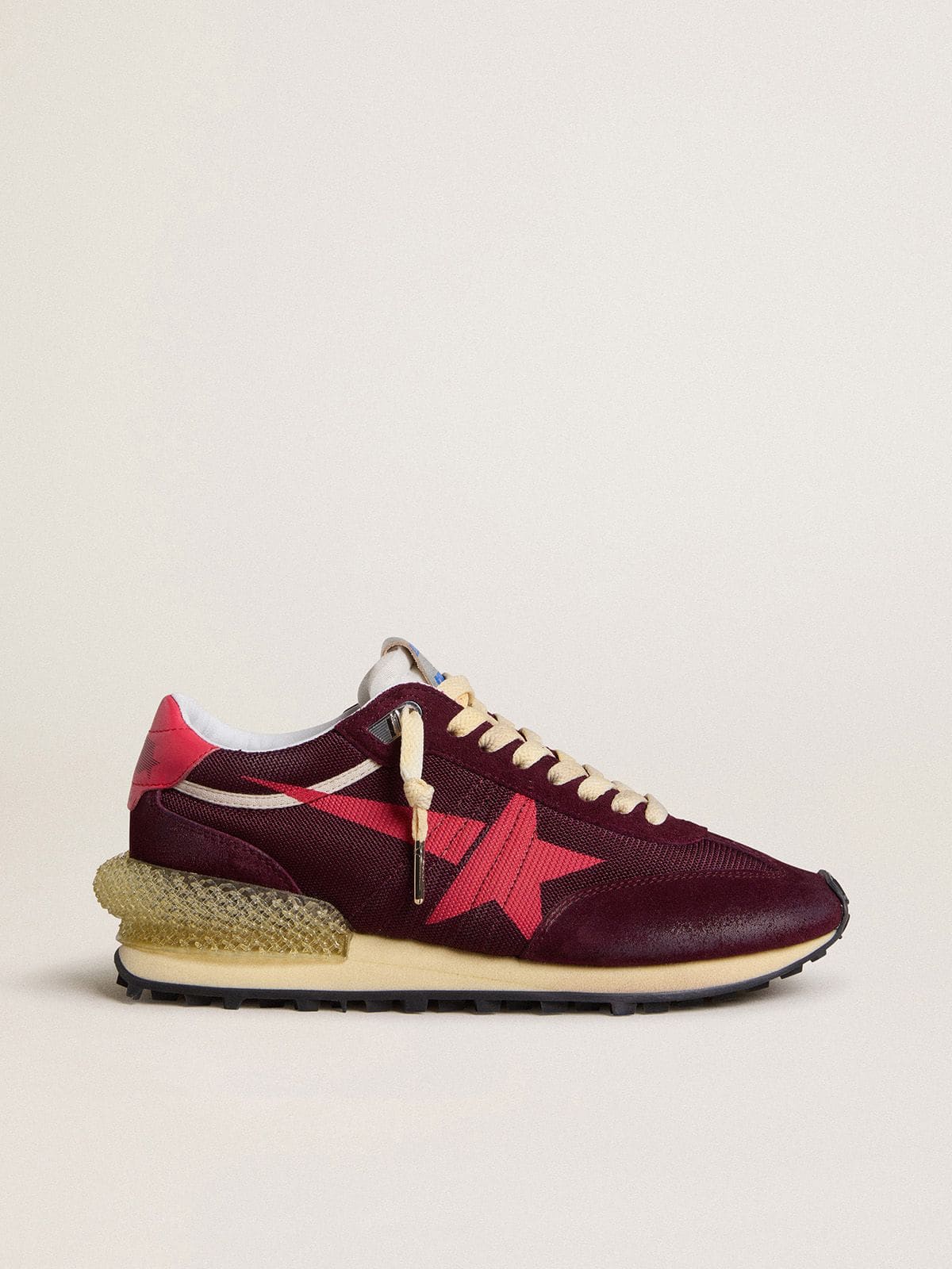 Golden Goose Mens Marathon In Burgundy Mesh And Suede With Printed Pink Star Mens