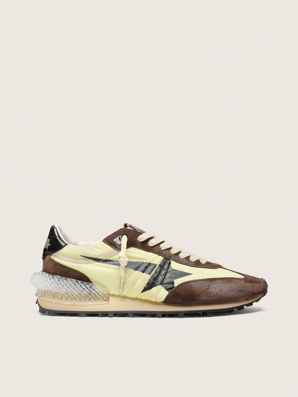 Golden Goose Mens Marathon In Lime-Green Nylon With Black Star And Brown Suede Inserts Mens