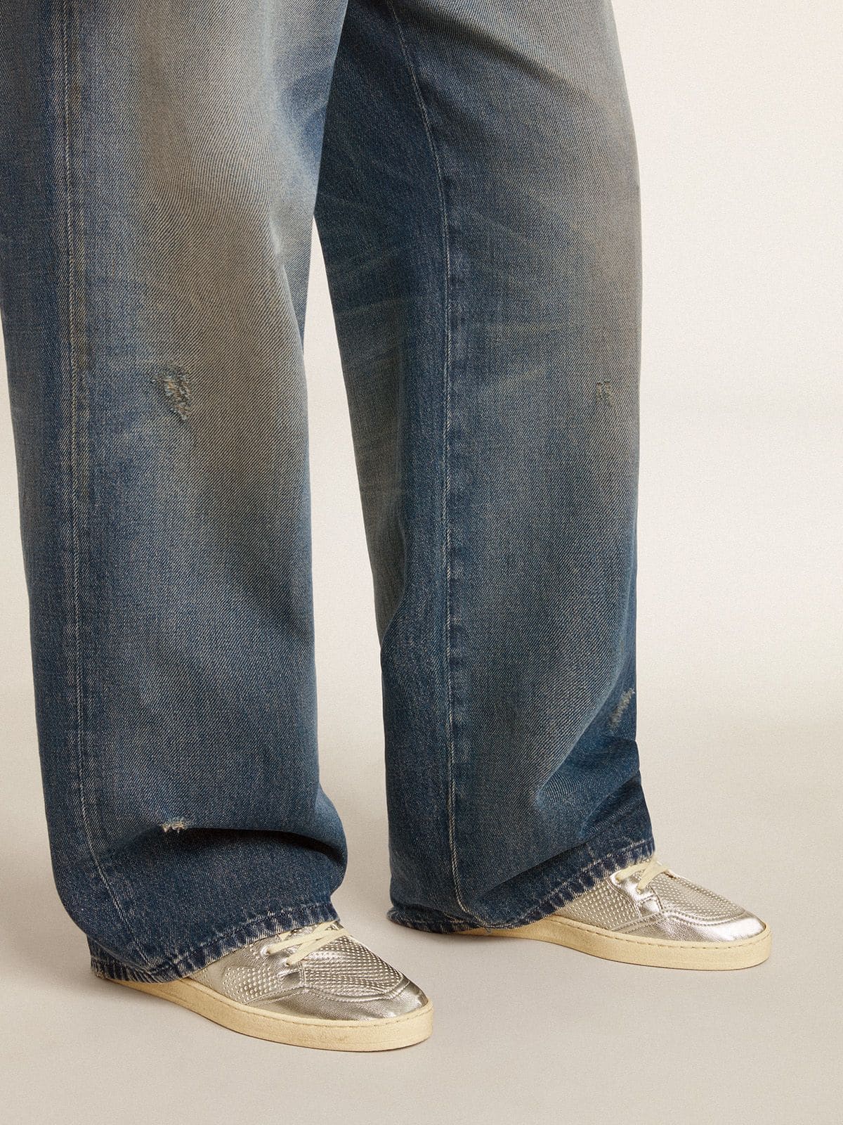 Golden Goose Bio-Based Ball Star In Metallic Silver With Silver Star And Red Heel Tab Mens