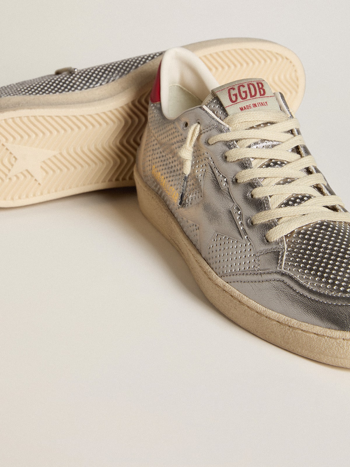 Golden Goose Bio-Based Ball Star In Metallic Silver With Silver Star And Red Heel Tab Mens
