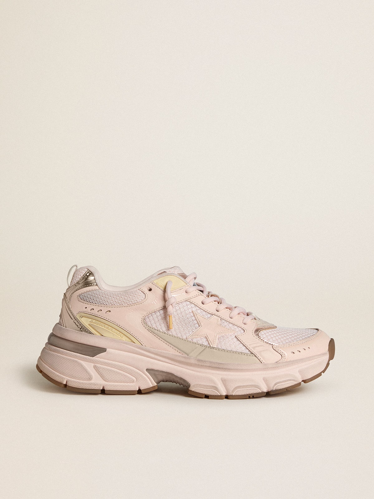 Golden Goose Mens Lightstar With Pink Leather And Mesh Upper And Pink Star Mens