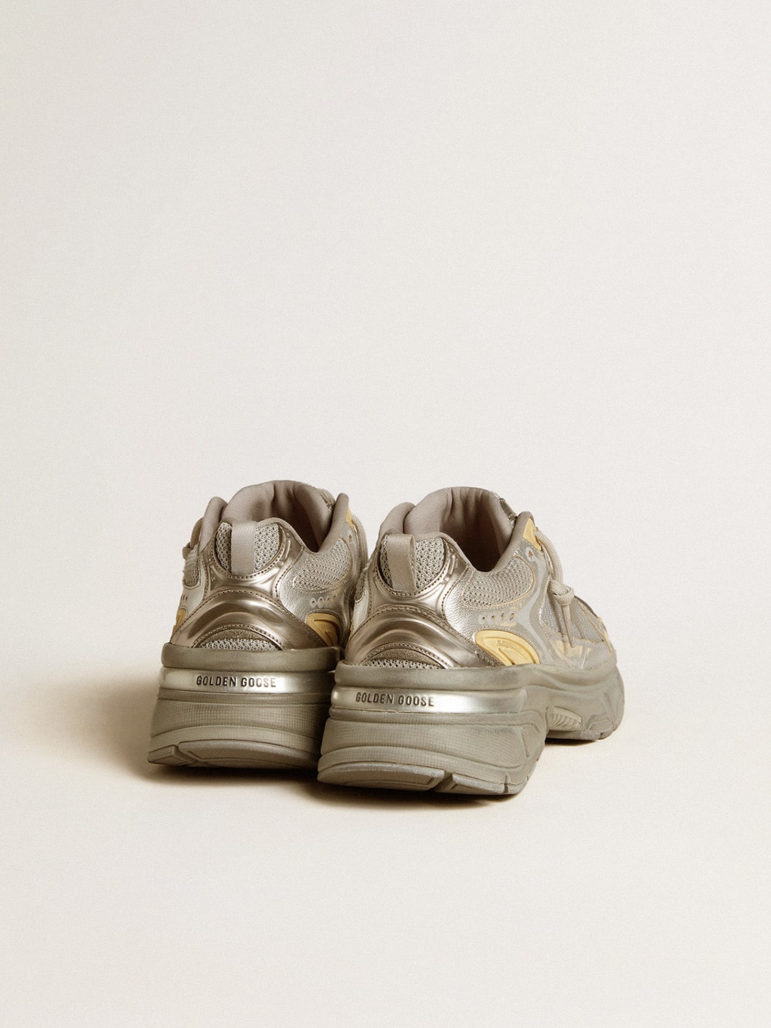 Golden Goose Mens Lightstar In Metallic Leather And Silver Mesh With Gray Star Mens
