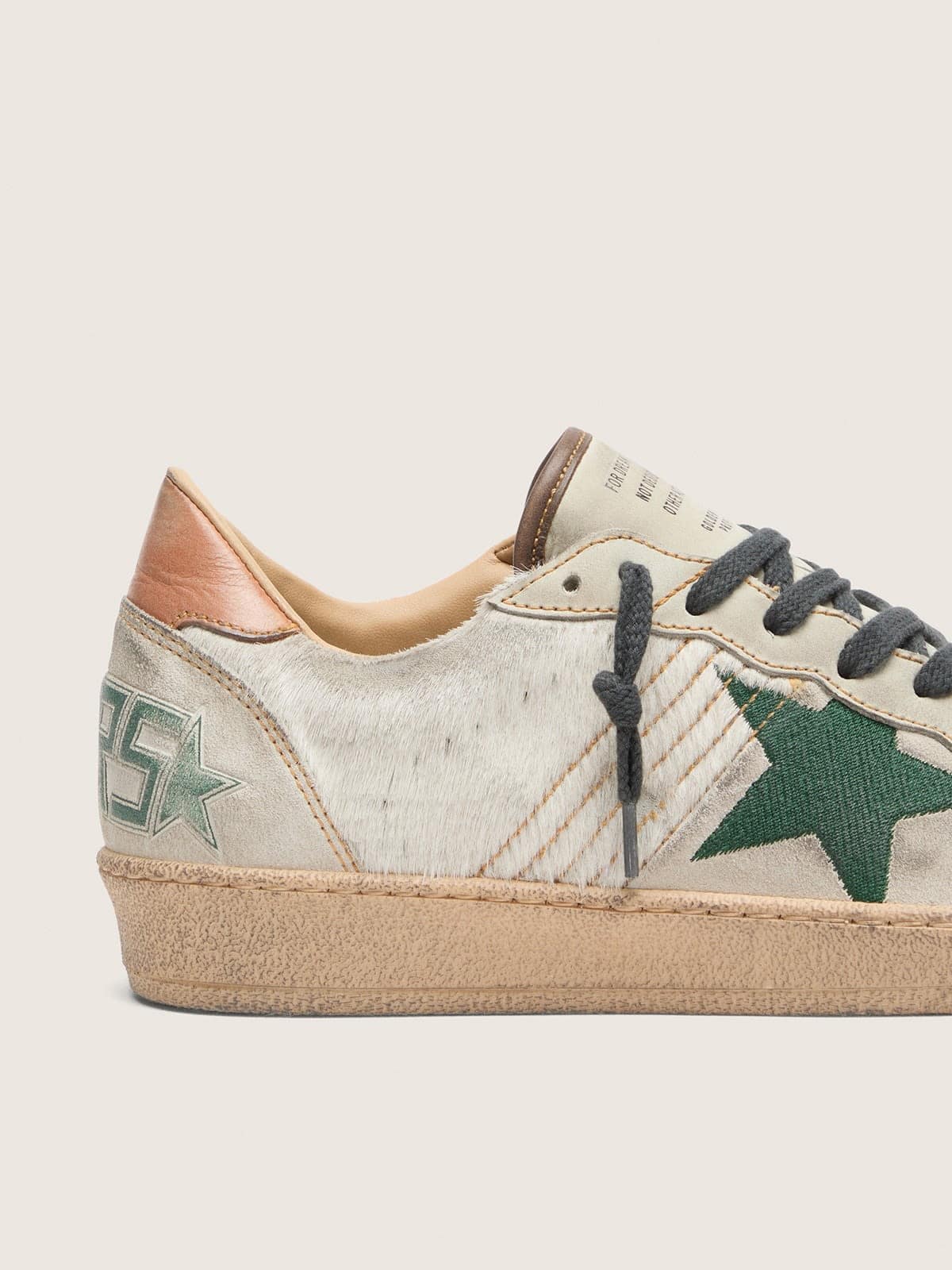 Golden Goose Mens Ball Star Ltd In White Pony Skin And Gray Suede With Green Star Mens