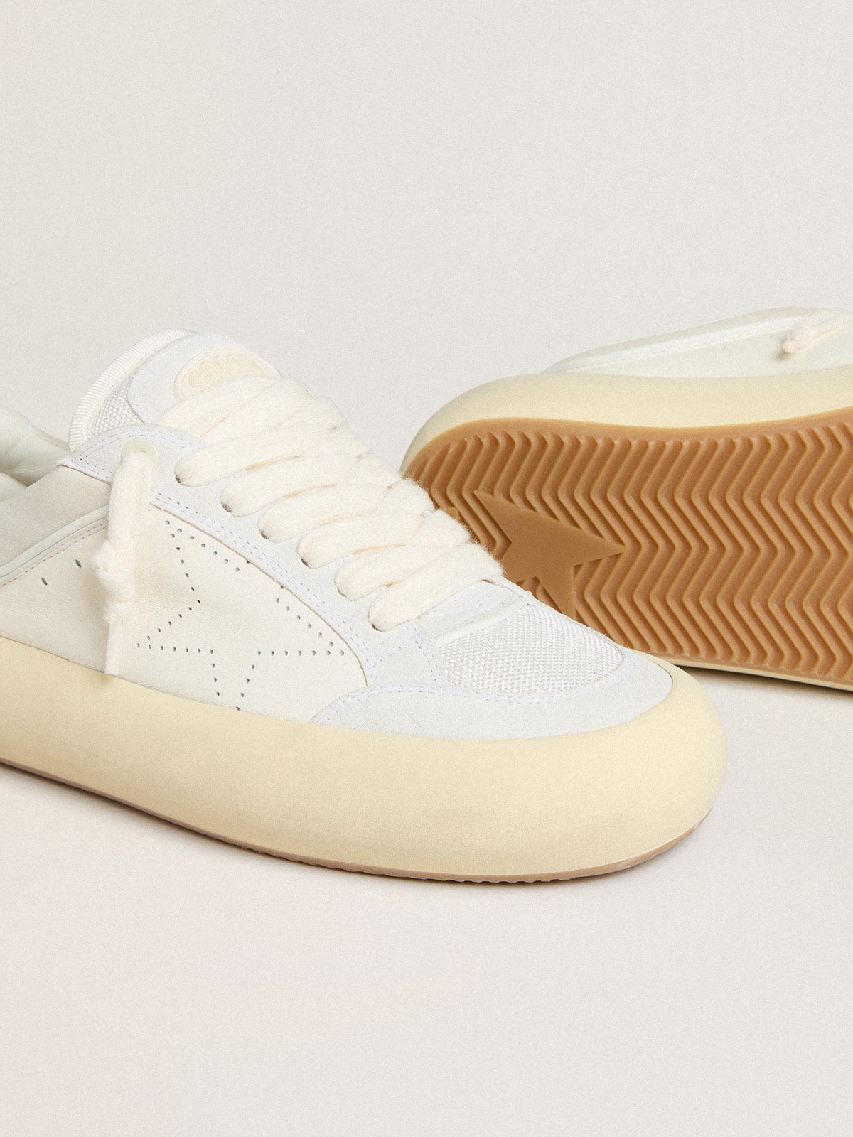 Golden Goose Mens Space-Star Cube In White Leather With Perforated Star Mens