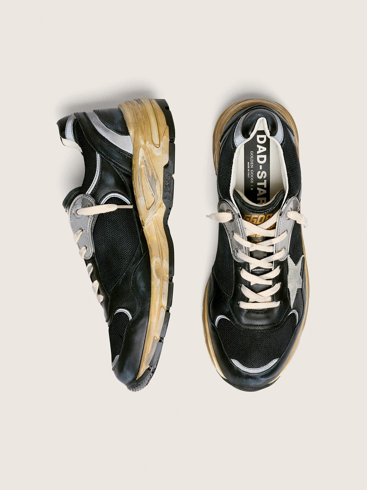 Golden Goose Mens Dad-Star In Black And Silver Mesh And Nappa With Ice-Gray Star Mens