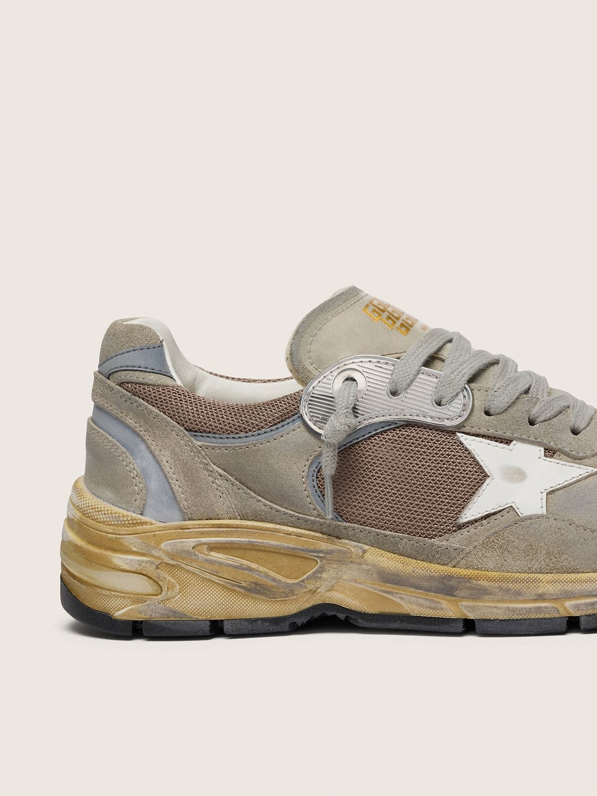 Golden Goose Mens Dad-Star In Dove-Gray Suede And Silver Mesh With White Leather Star And Suede Heel Tab Mens
