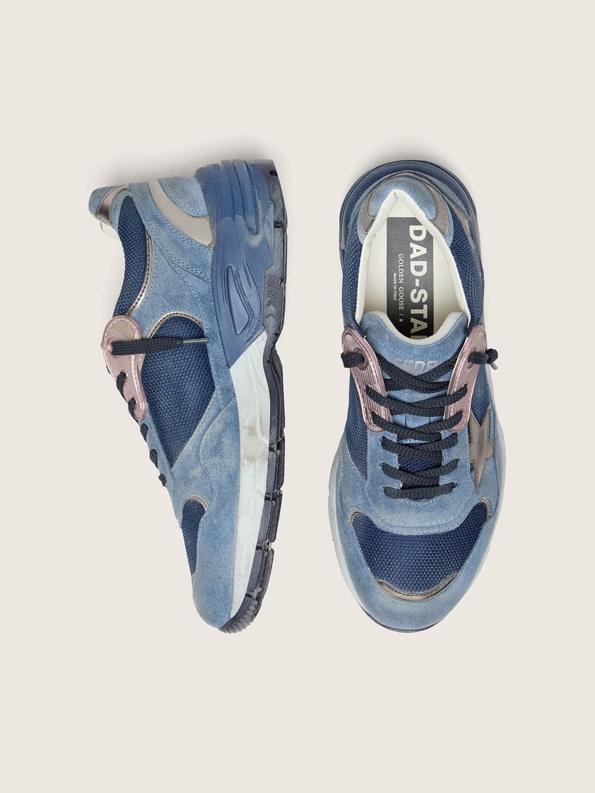 Golden Goose Mens Dad-Star In Denim-Blue Suede With Silver Leather Star Mens
