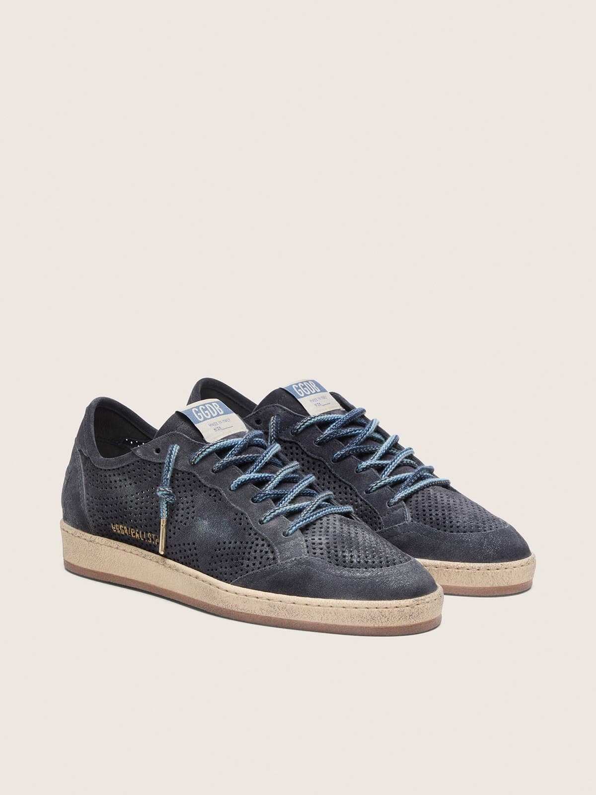 Golden Goose Mens Ball Star In Dark Blue Perforated Suede With Dark Blue Suede Star Mens