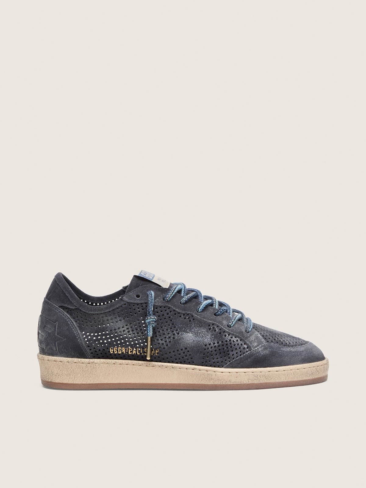 Golden Goose Mens Ball Star In Dark Blue Perforated Suede With Dark Blue Suede Star Mens