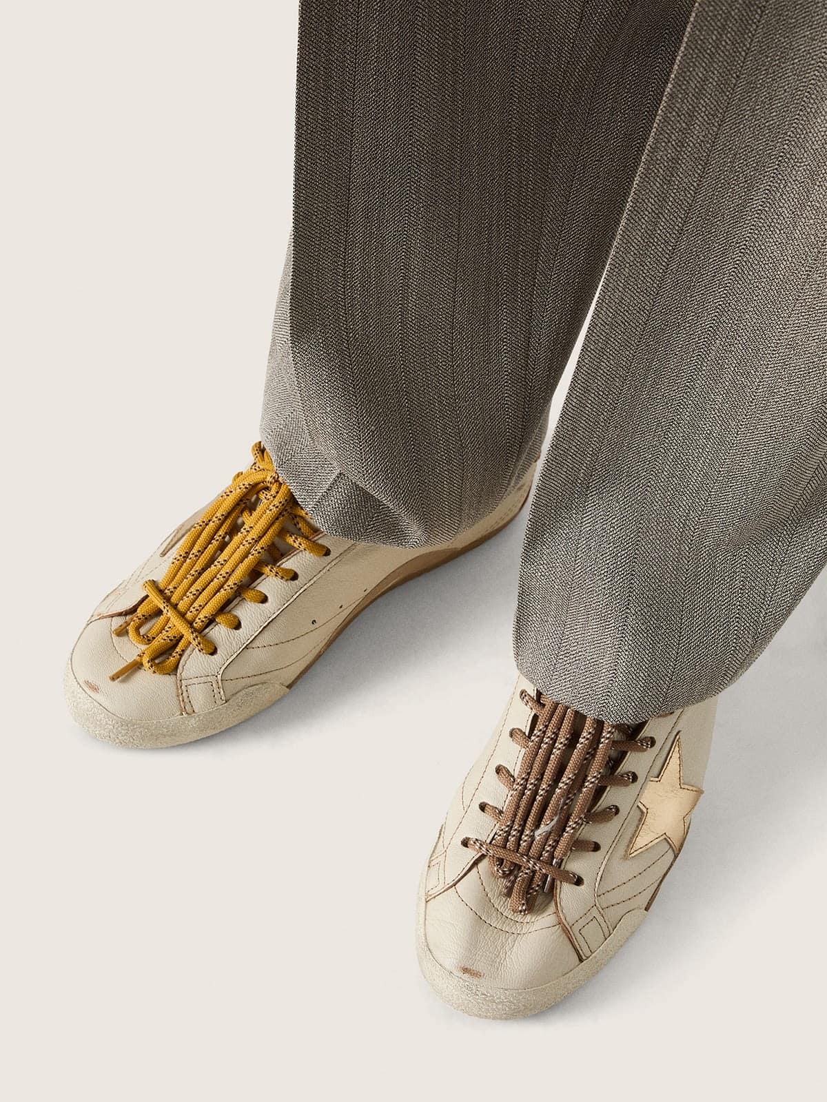 Golden Goose Mens True-Star In White Nappa Leather With Gold Foiled Leather Star And Beige Suede Heel Tab Mens