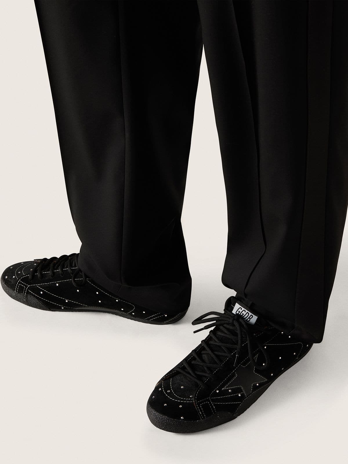 Golden Goose Mens True-Star In Black Suede With Swarovski Crystals And Black Leather Star Mens