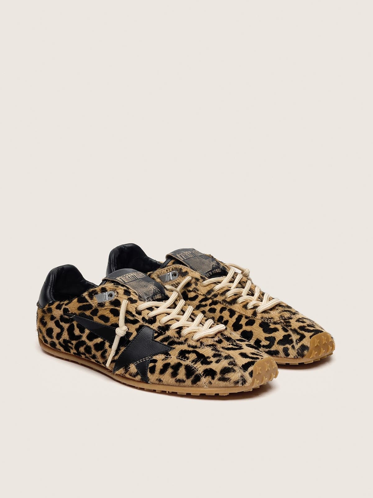 Golden Goose Mens Marathon Speed In Beige And Black Leopard-Print Pony Skin With Black Leather Star Mens