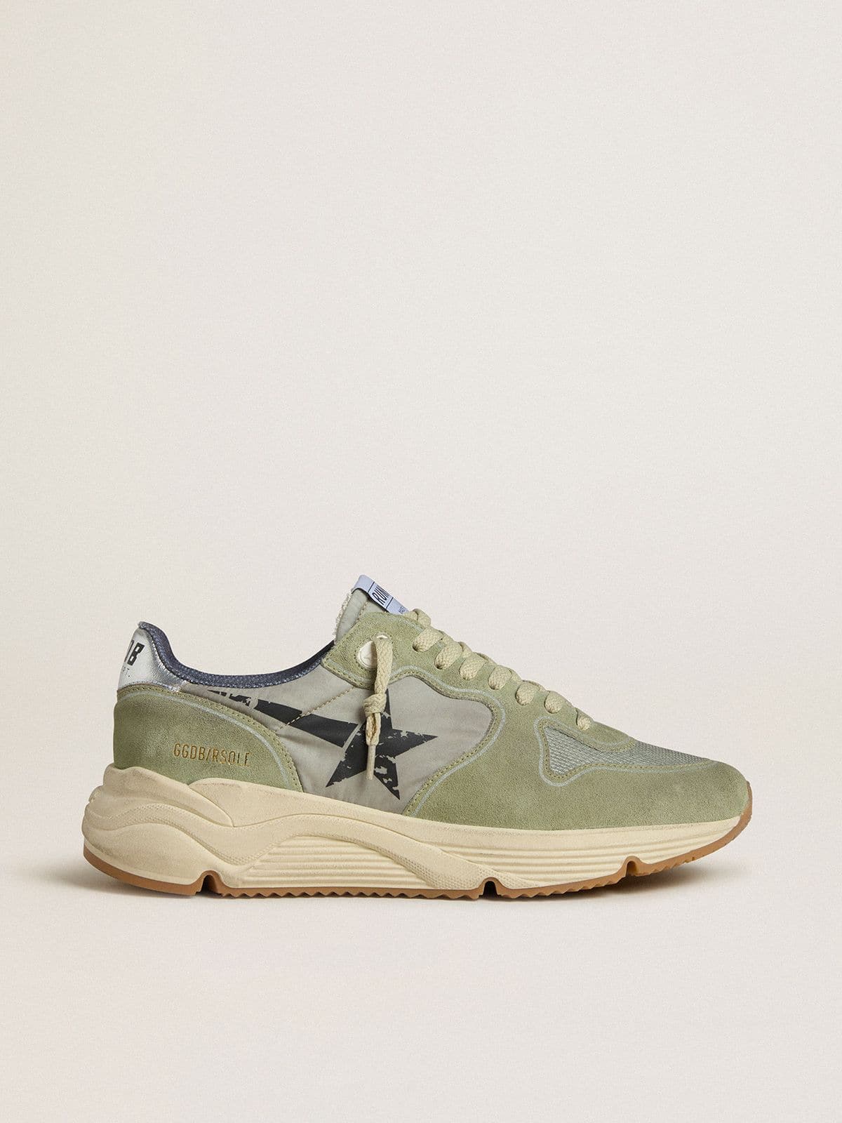 Golden Goose Mens Running Sole In Sage-Green Nylon And Suede With Printed Black Star Mens