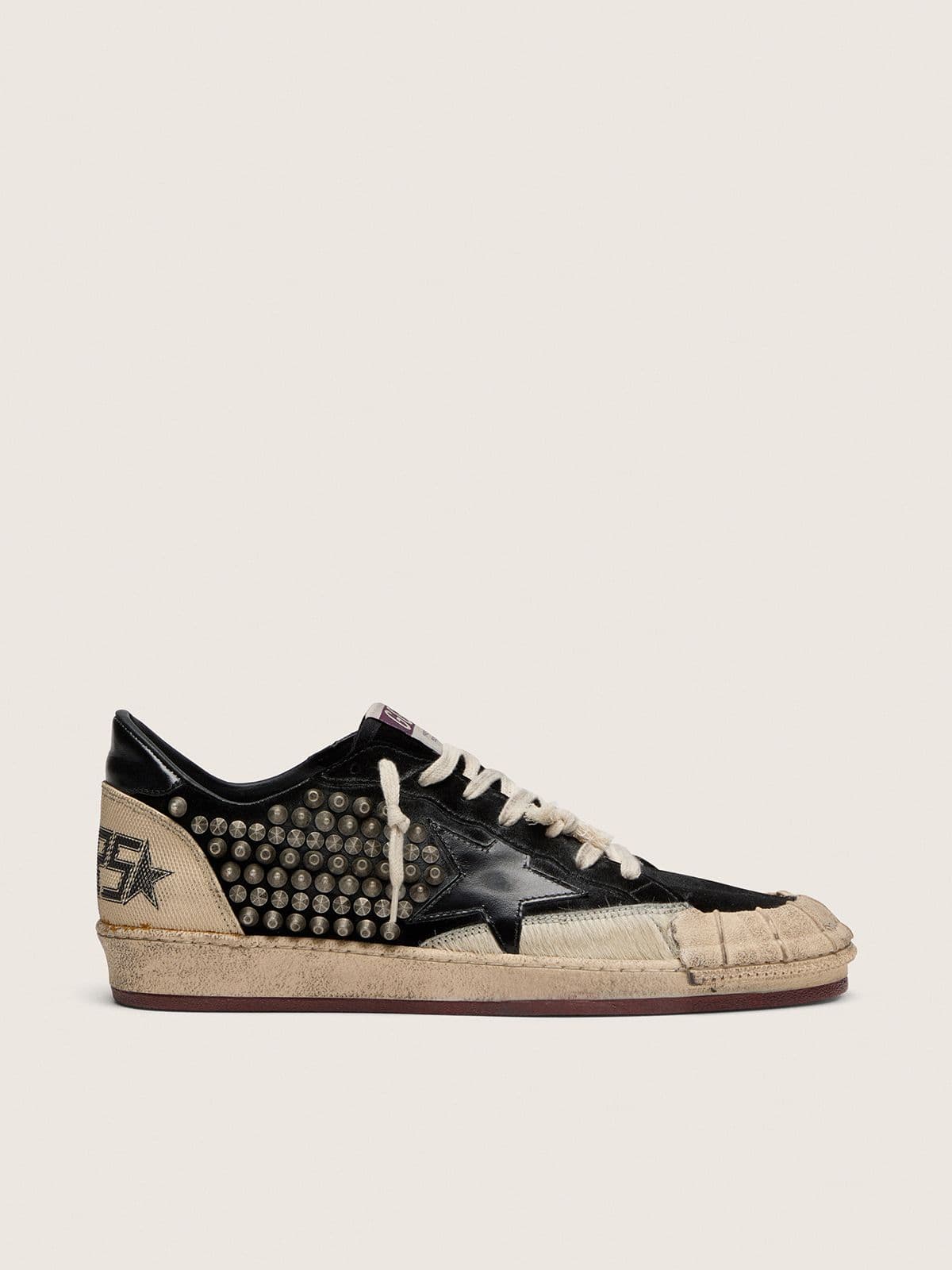 Golden Goose Mens Ball Star Lab In Black Suede With Studs And Glossy Black Leather Star Mens