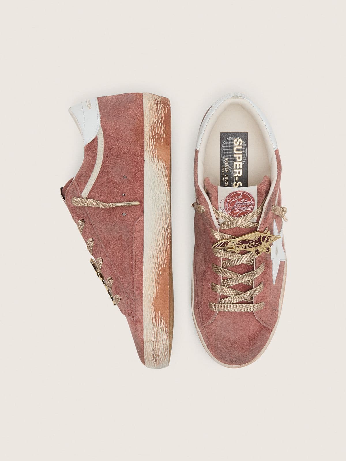 Golden Goose Mens Super-Star In Rust Suede With Metallic Platinum Leather Star Mens