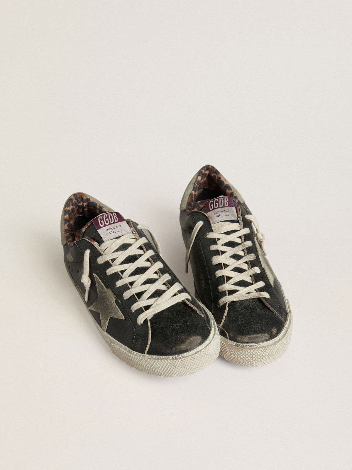 Golden Goose Mens Super-Star In Black Leather With Gray Suede Star And Heel Tab Mens