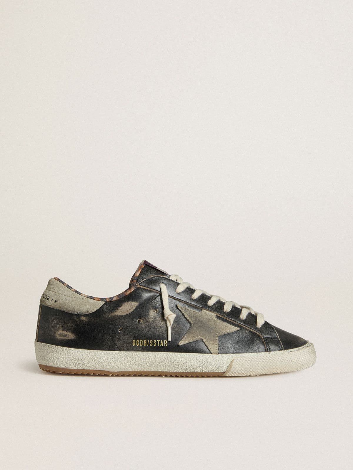 Golden Goose Mens Super-Star In Black Leather With Gray Suede Star And Heel Tab Mens