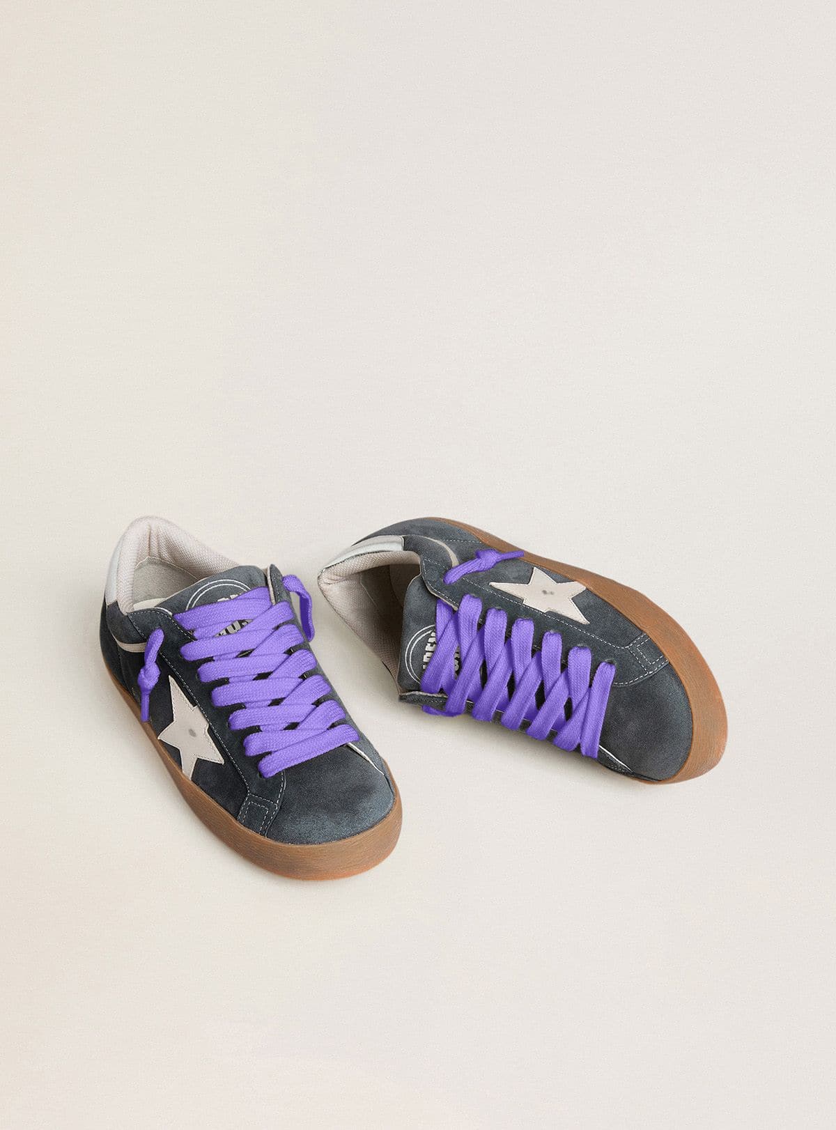 Golden Goose Mens Super-Star In Gray Suede With White Leather Star And Silver Leather Heel Tab Mens