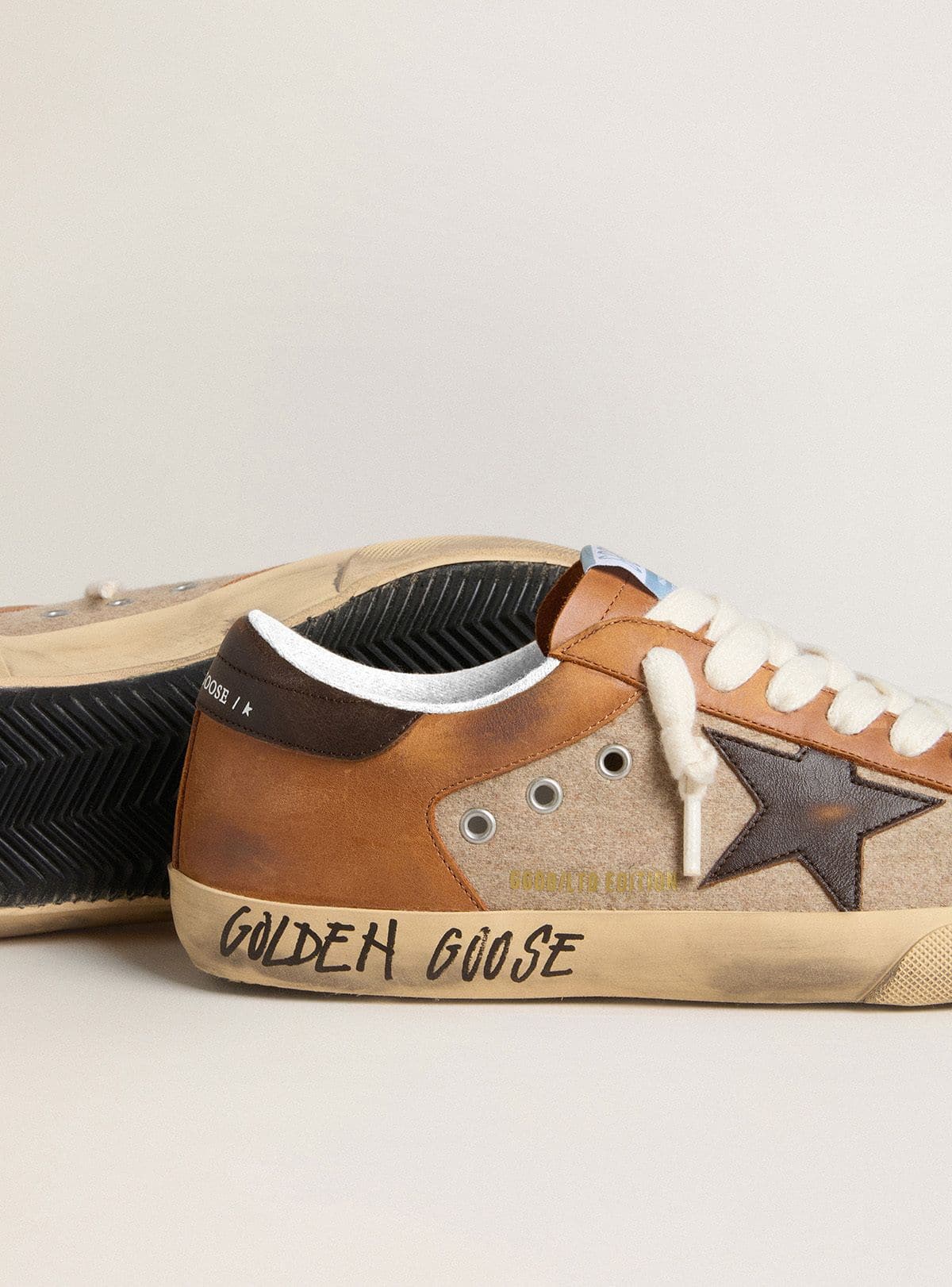 Golden Goose Mens Super-Star Ltd In Beige Wool With Brown Leather Star And Camel Inserts Mens