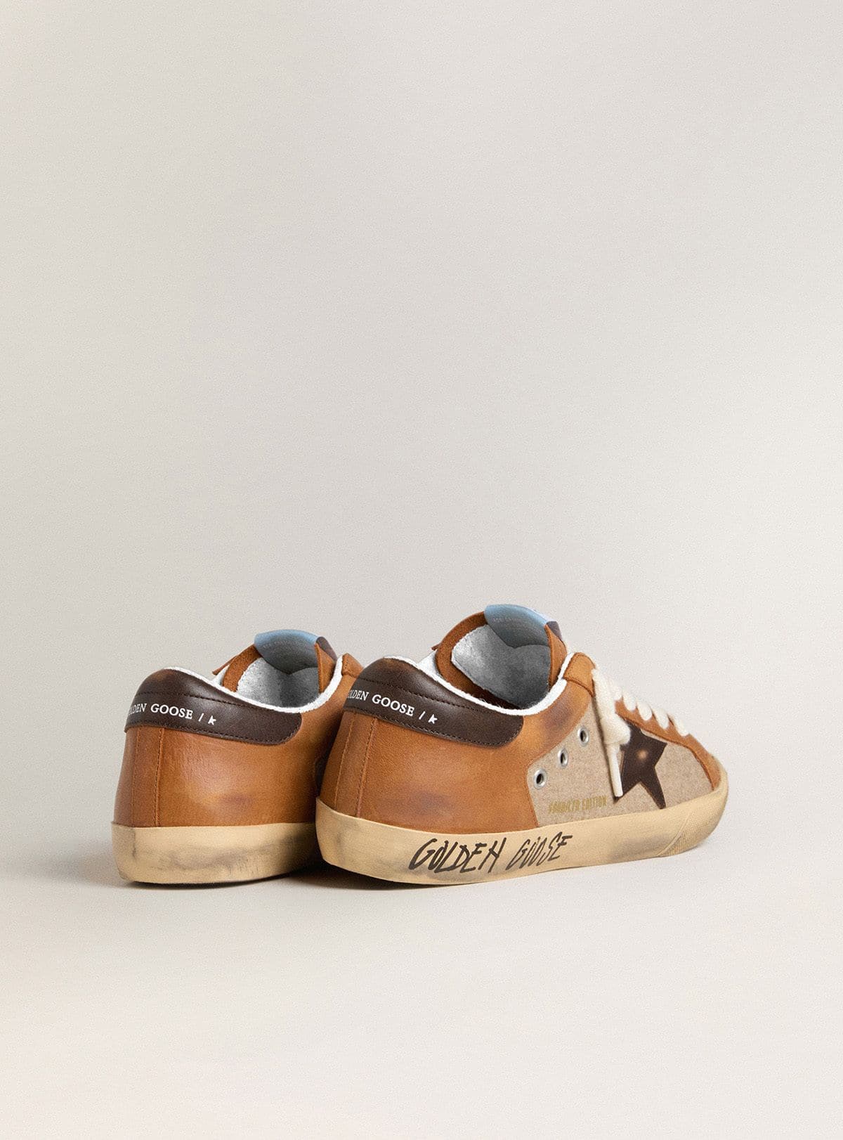 Golden Goose Mens Super-Star Ltd In Beige Wool With Brown Leather Star And Camel Inserts Mens