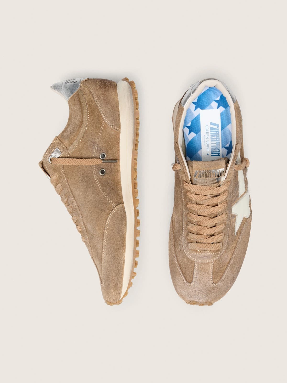 Golden Goose Mens Marathon In Tobacco Suede With White Star Mens