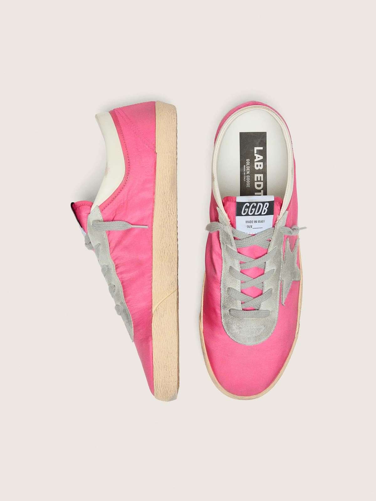 Golden Goose Mens Super-Star In Neon Pink Nylon With Light Gray Suede Star Mens