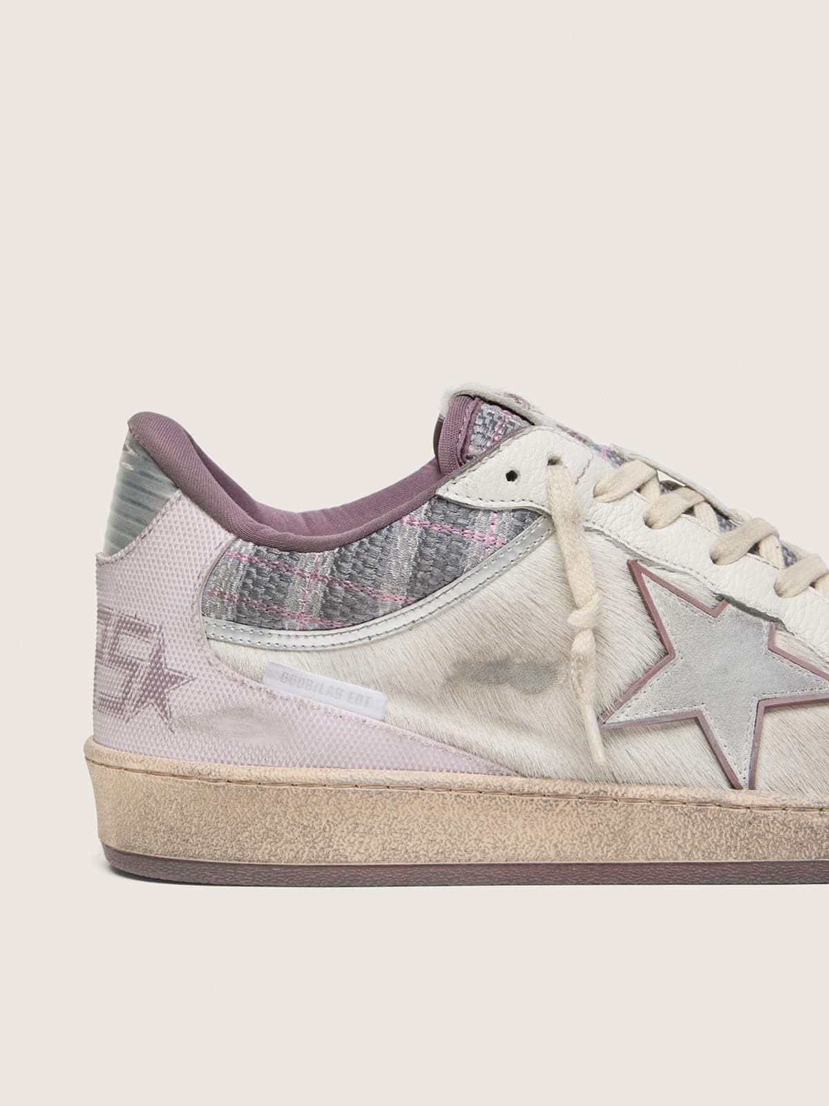 Golden Goose Mens Ball Star Lab In White Nylon And Pony Skin With Silver Star And Lilac Inserts Mens