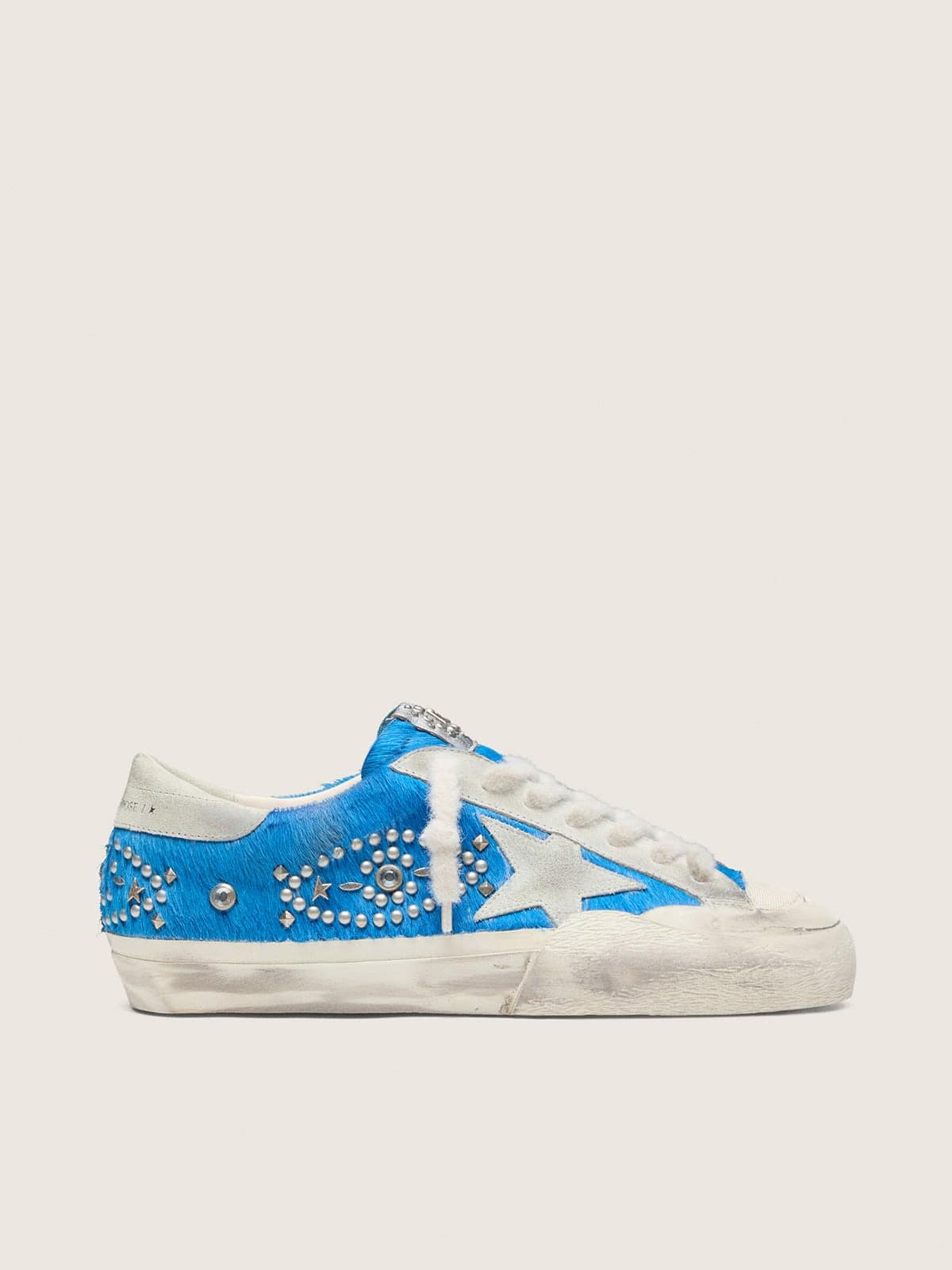 Golden Goose Mens Super-Star Lab In Bright Blue Pony Skin With Suede Star And Studs Mens