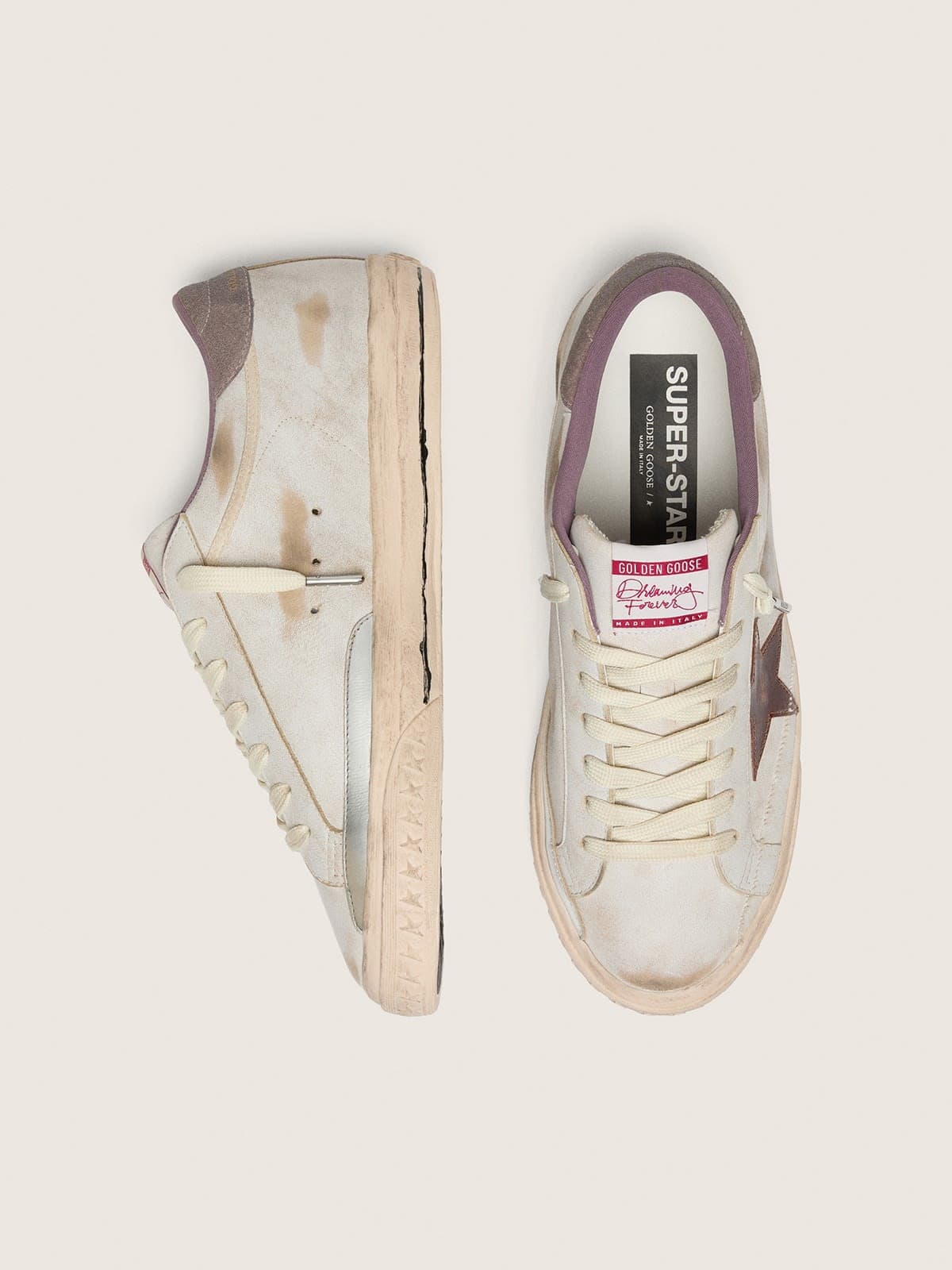 Golden Goose Mens Super-Star In White Leather With Burgundy Laminated Leather Star Mens