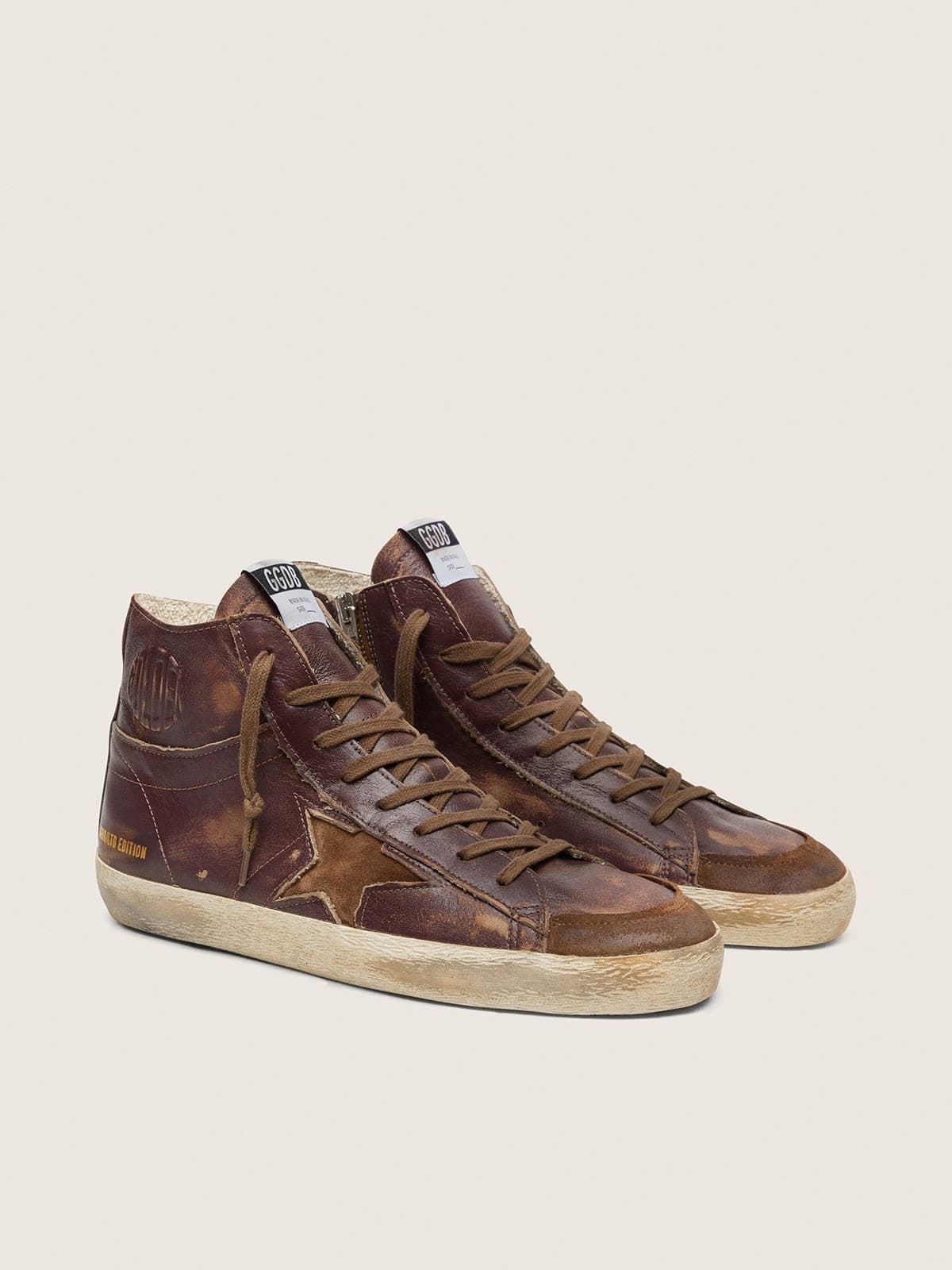 Golden Goose Mens Francy Ltd In Dark Brown Leather With Beige Star Mens