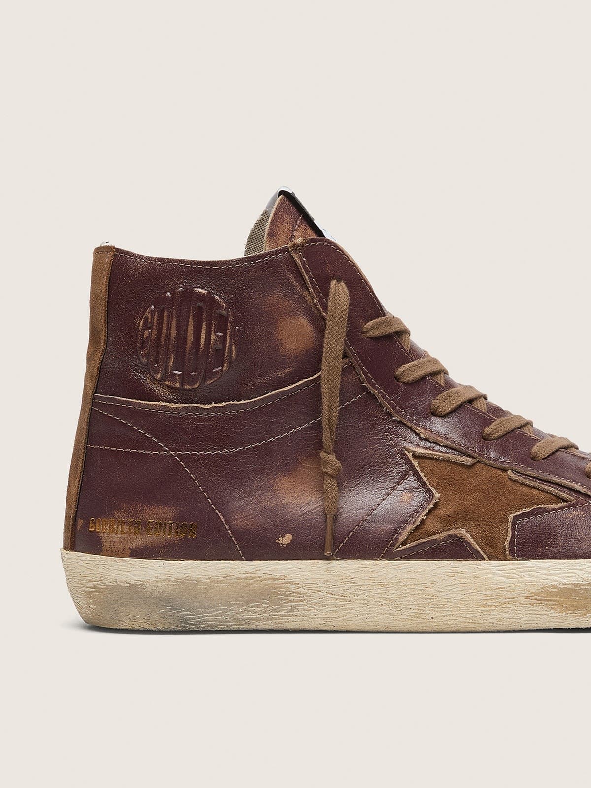 Golden Goose Mens Francy Ltd In Dark Brown Leather With Beige Star Mens