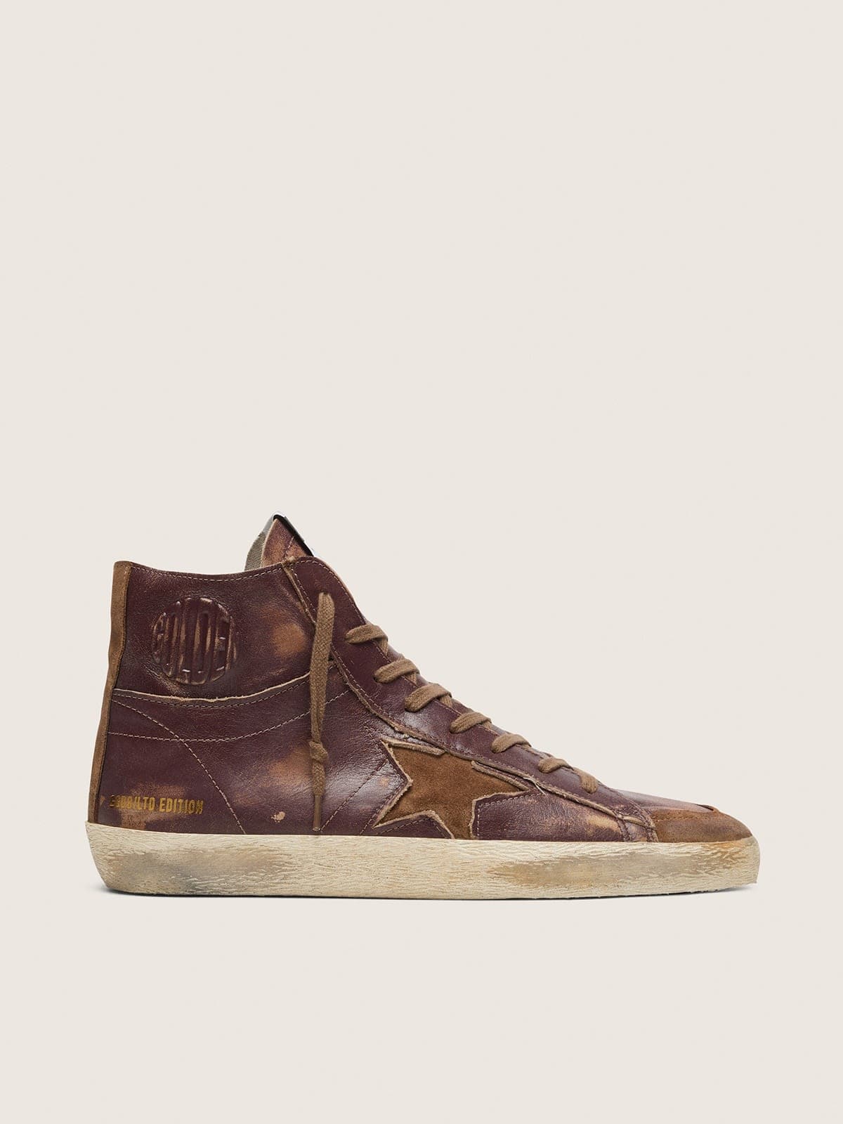 Golden Goose Mens Francy Ltd In Dark Brown Leather With Beige Star Mens