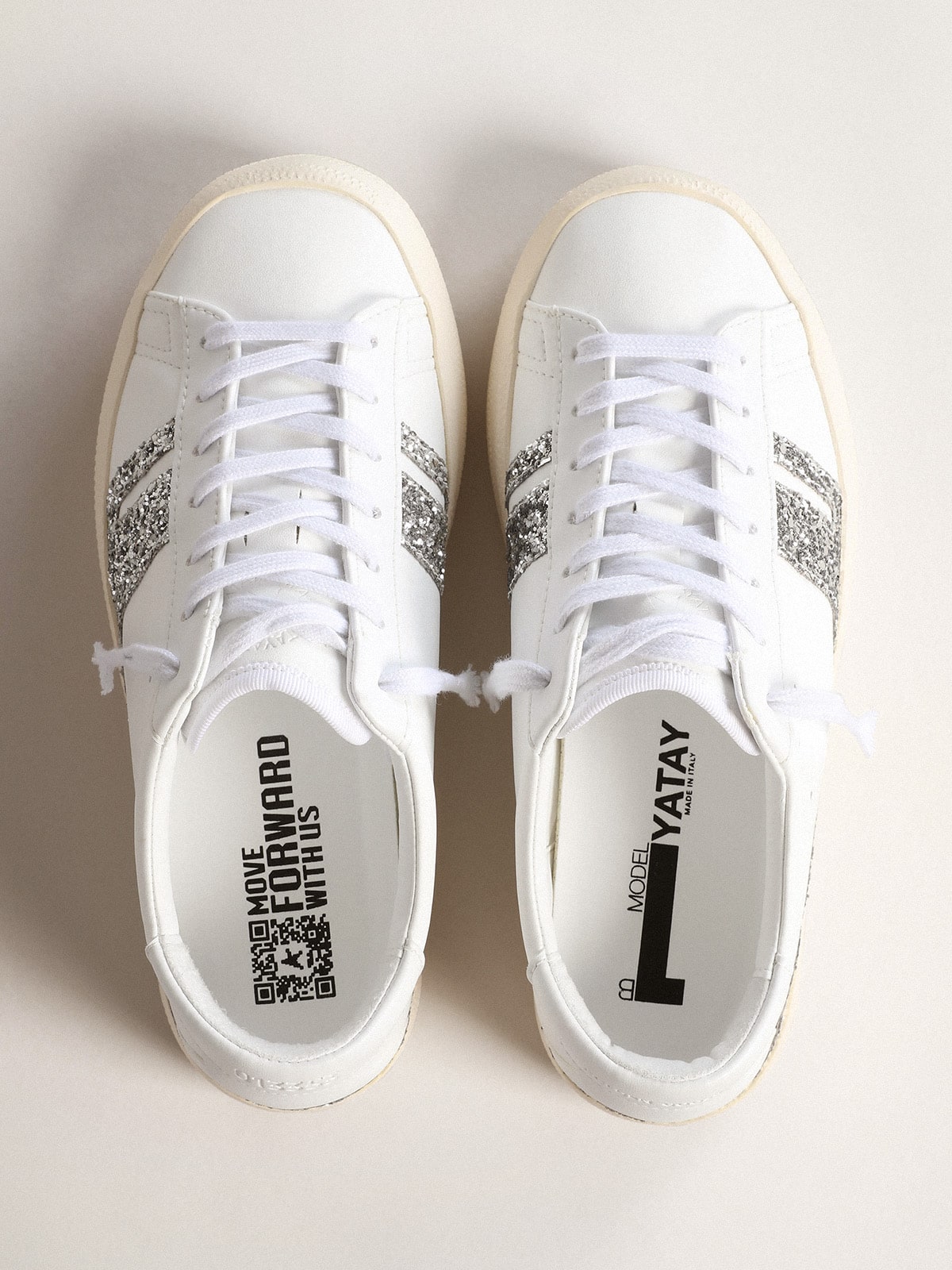 Golden Goose Yatay Model 1B Sustainable Sneakers With White Bio-Based Upper And Silver Recycled Glitter Y Womens