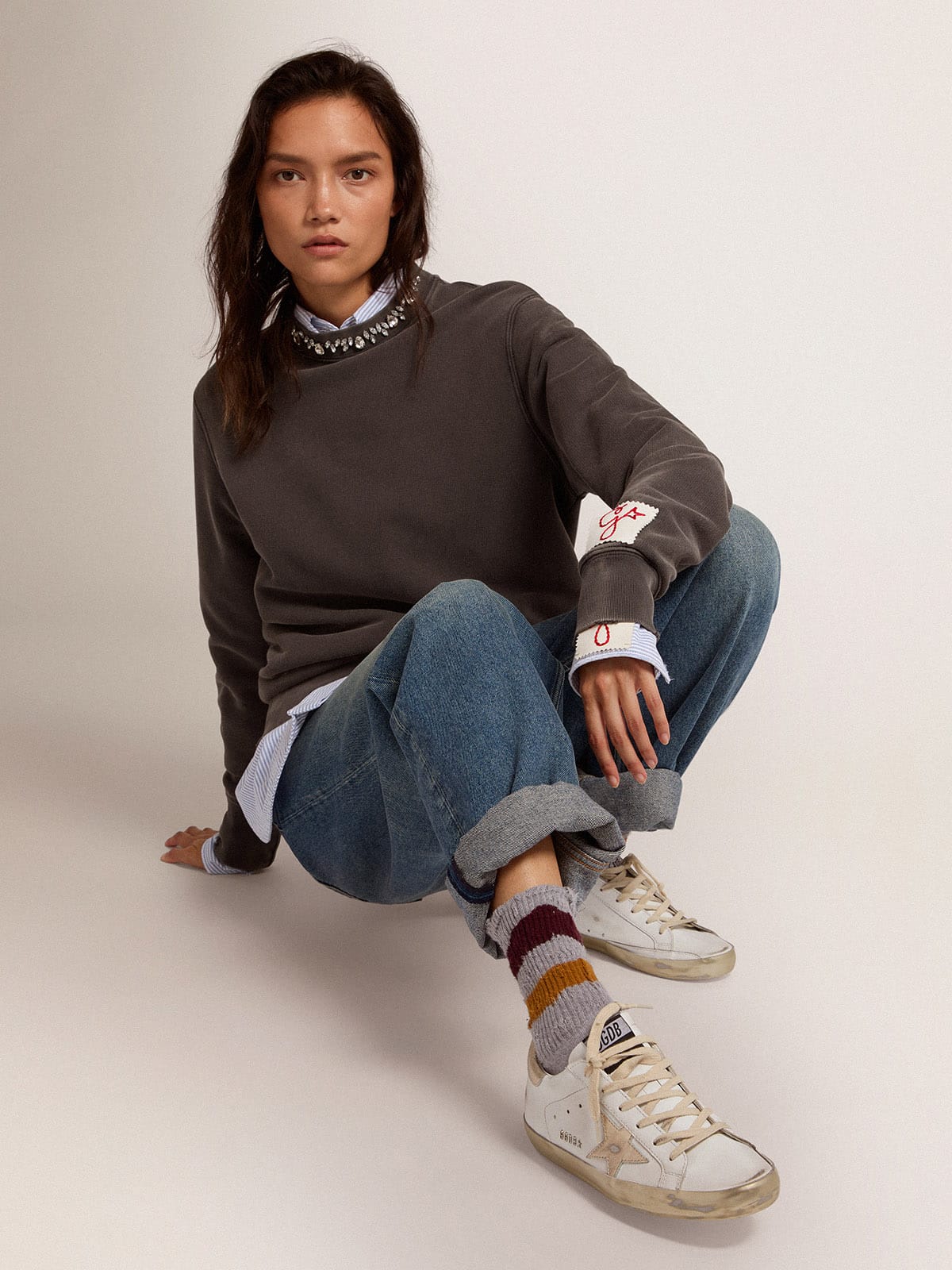 Golden Goose Womens Super-Star With Gold Sparkle Foxing And Metal Stud Lettering Womens