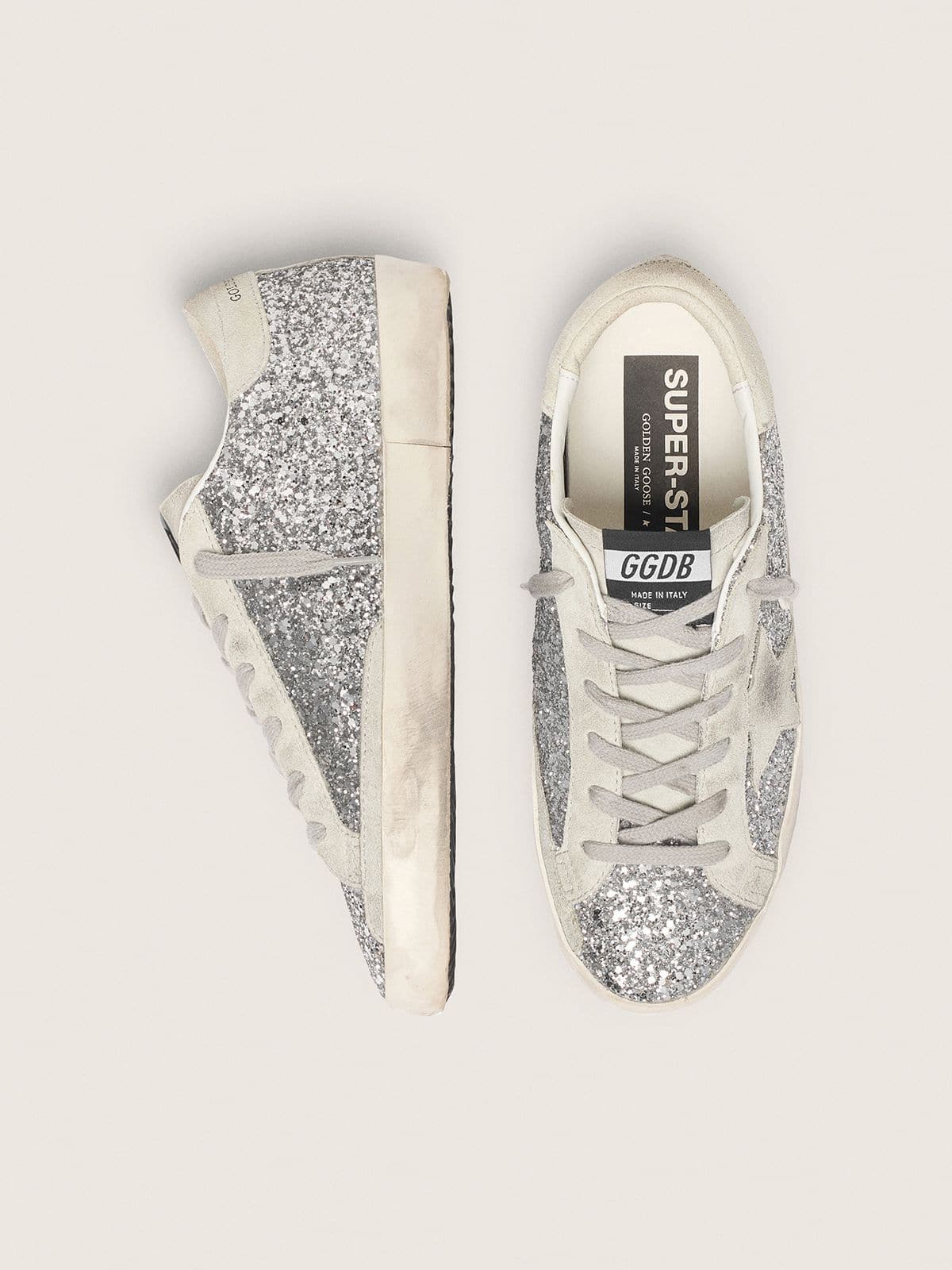 Golden Goose Womens Super-Star In Silver Glitter With Ice-Gray Suede Star Womens