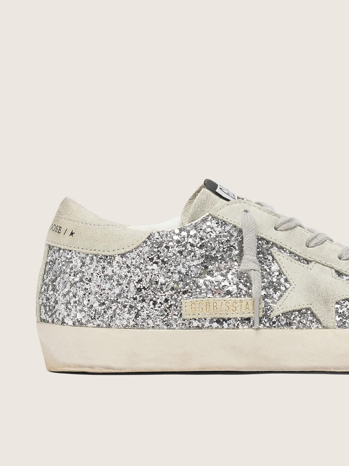 Golden Goose Womens Super-Star In Silver Glitter With Ice-Gray Suede Star Womens