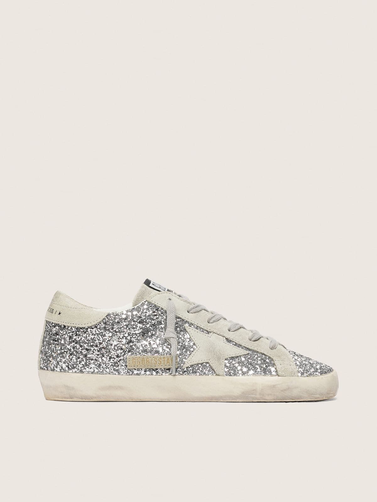 Golden Goose Womens Super-Star In Silver Glitter With Ice-Gray Suede Star Womens