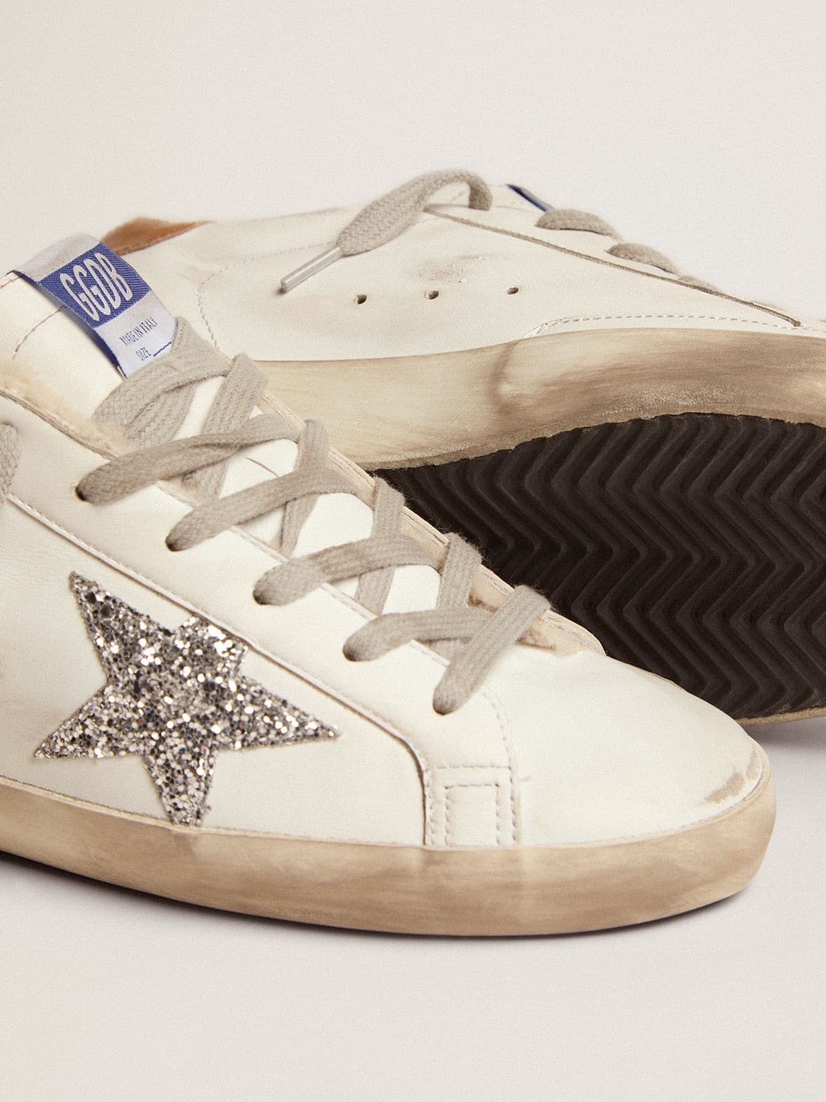 Golden Goose Womens Super-Star With Shearling Lining And Silver Glitter Star Womens
