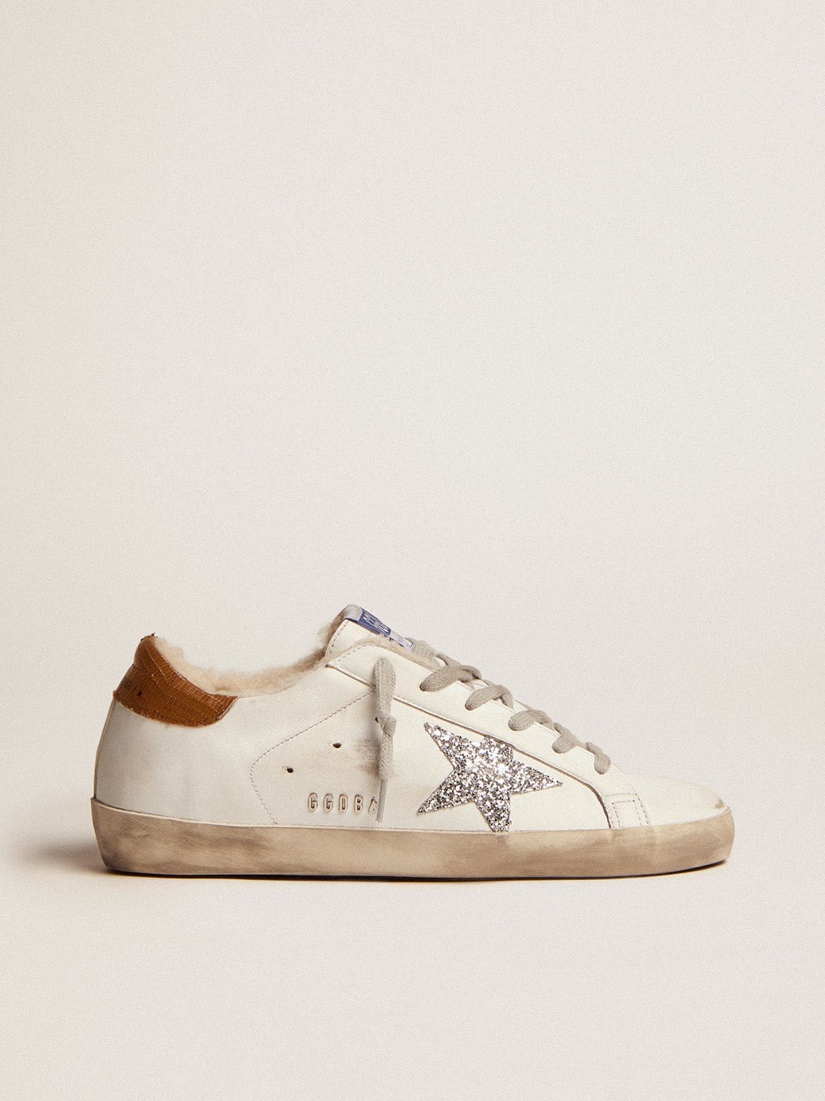 Golden Goose Womens Super-Star With Shearling Lining And Silver Glitter Star Womens